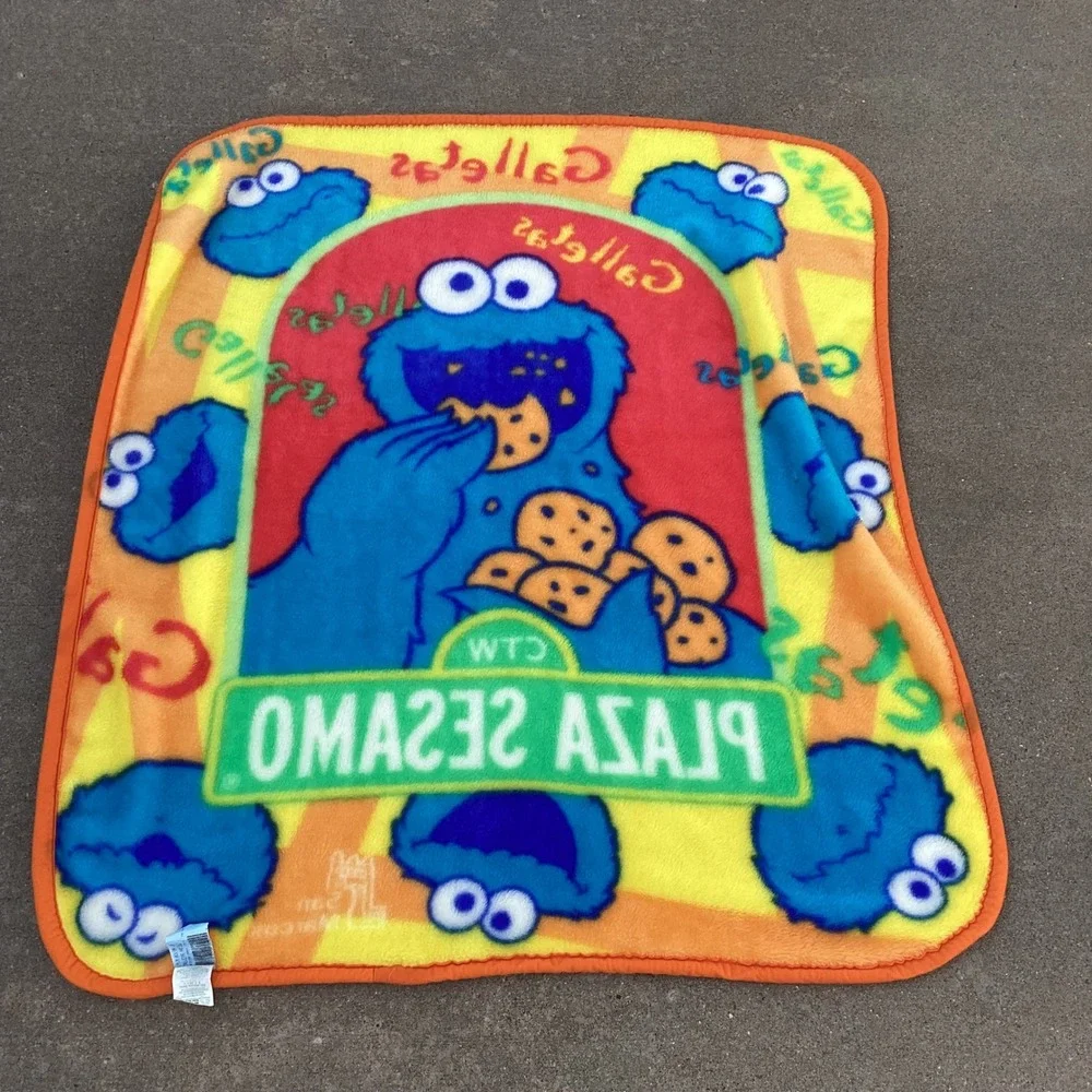 Vtg HTF San Marcos Plaza Sesamo Cookie Monster Baby Blanket Galletas 1999 Flaw
